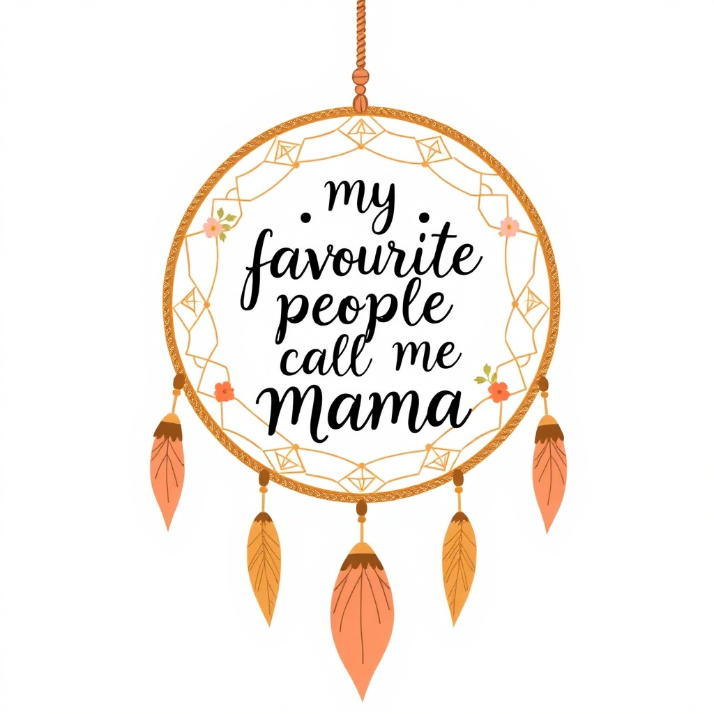 My Favorite People Call Me Mama"
•	Design: A boho dreamcatcher with the text wrapped around the circle.
•	Details: Add floral patterns or tassels hanging from the dreamcatcher.
•	Color Scheme: Soft cream, tan, and light coral.
•	Font Suggestion: Handwritten or script fonts for a whimsical feel.
