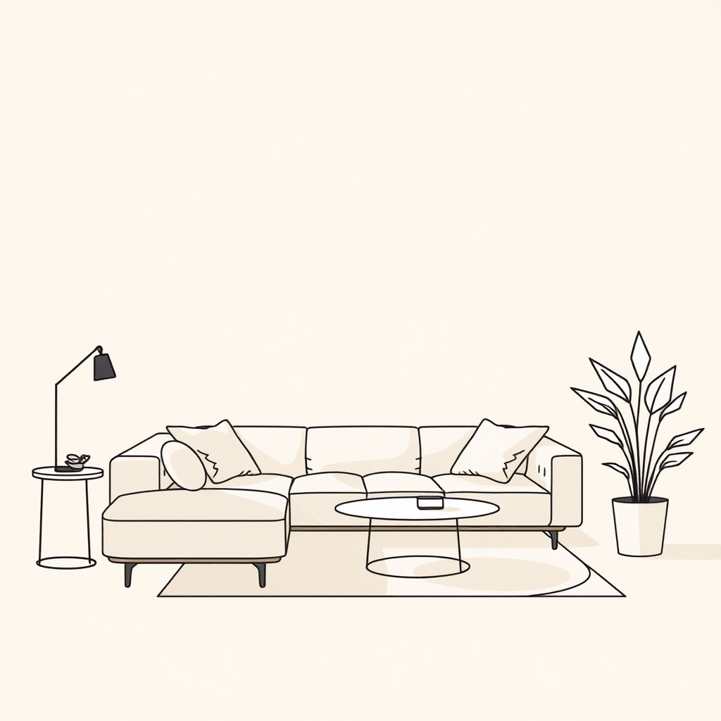 Abstract line art style art of a geometrical lounge, imaginative, minimalism, natural and neutral light colors 