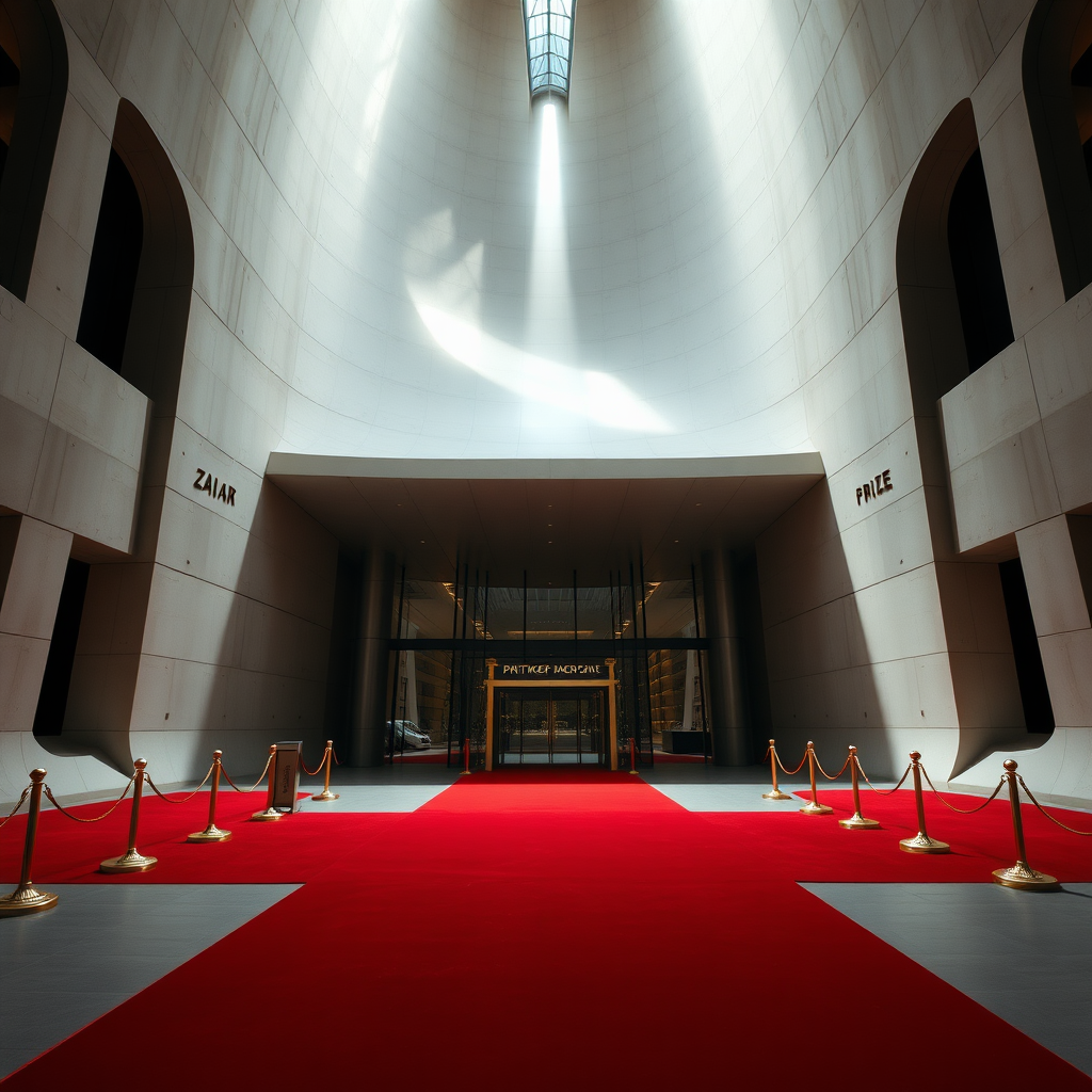 UHD, 4K, (Pritzker Prize:1.5), Zaha Hadid, {large majestic entrance to a modern and organic futuristic building, beam of light coming through a lateral illuminates the large stately portico, Red carpet flanked with golden cord and pedestals}, dramatic lighting, high contrast, 35mm, lateral upper perspective view, professional, epic, highly detailed