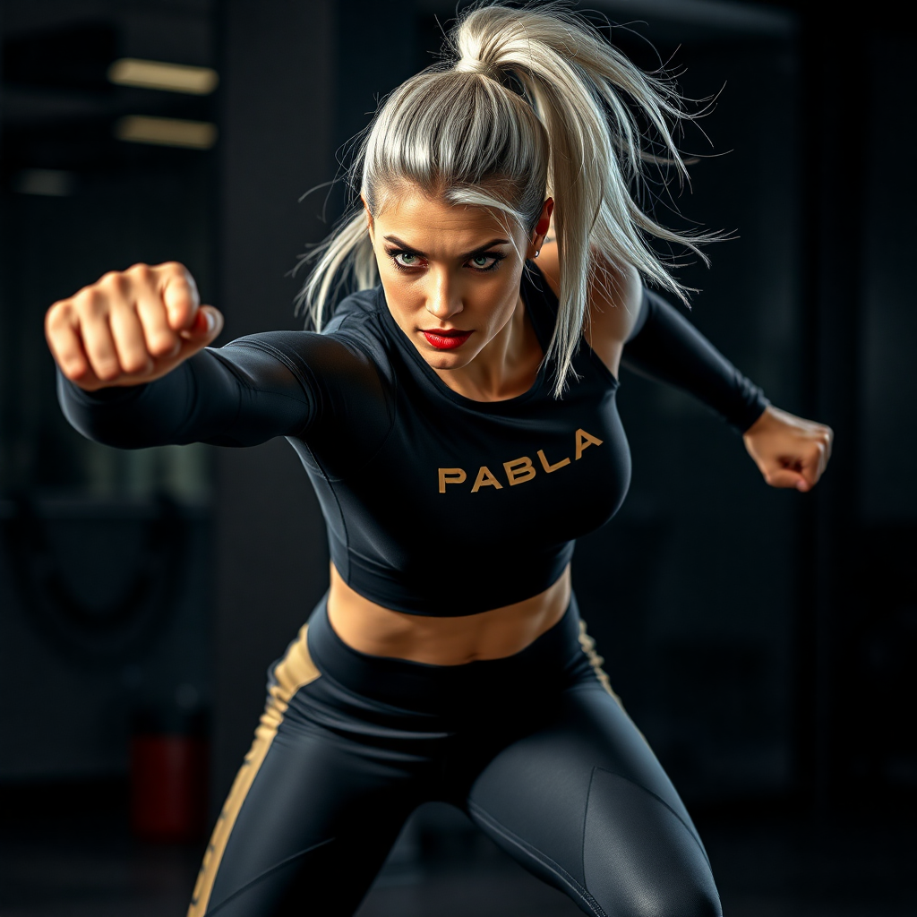 "A dynamic and powerful fitness-inspired scene featuring a strong, confident woman with silver hair in a high ponytail, piercing green eyes, and striking red lips wearing a sleek black and gold-branded sportswear set (leggings and a fitted top). The branding is subtle yet stylish, integrated into the design with premium finishes. She is mid-motion in a high-end gym setting, exuding energy and determination. The lighting is dramatic, with shadows emphasizing the textures of the fabric and the strength of her pose."