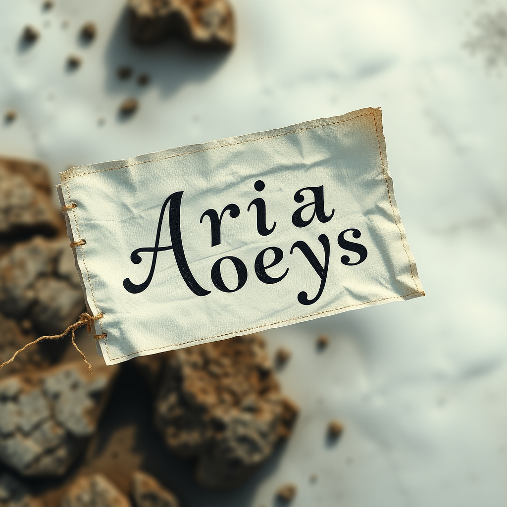 Raw photography 4D, extremely detailed, An oldest piece of napkin sign elegant text labeled "ARIA ROEYS" flaying on the wind. Aerial view image. 