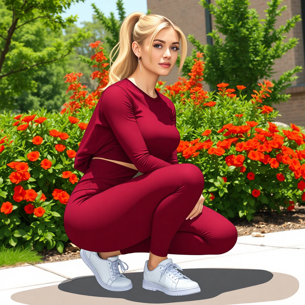 A woman squatting outdoors, wearing a maroon-red long-sleeve crop top and matching leggings.  She is light-skinned with shoulder-length blonde hair in a ponytail. She's  wearing white sneakers. The background includes a variety of greenery, including bushes with bright orange/red flowers, trees with lush foliage, and parts of a light brown brick building. The lighting is bright and sunny; the scene has a natural, outdoor aesthetic.  Focus on the figure, showing detail in the fabric of the clothing and the texture of the skin.  Medium style, not overly stylized, but with clear definition of form and color.  Slight impressionistic qualities to catch the mood of the moment.  Include a visible shadow from the figure on the ground.