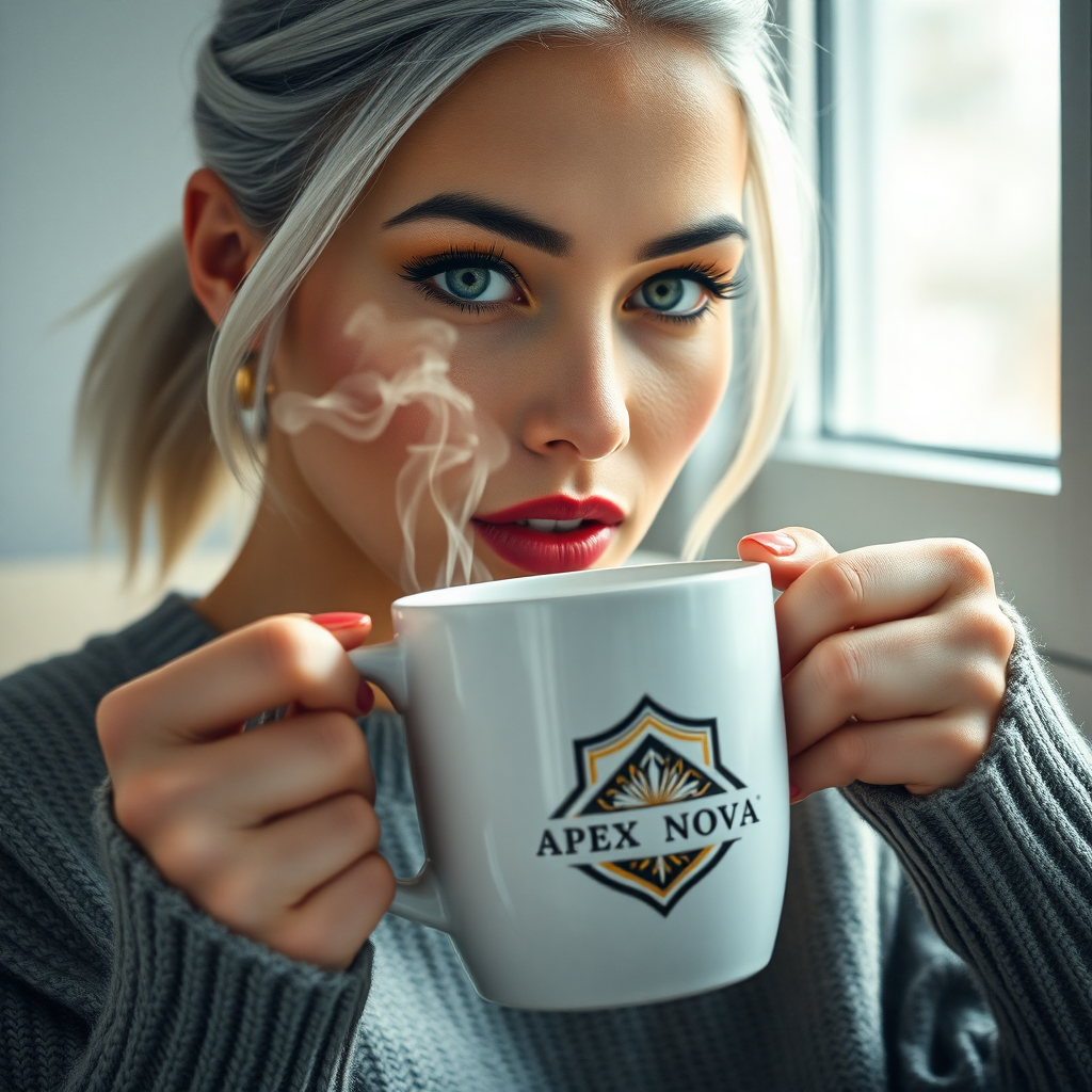 "A beautiful cinematic close-up of a woman with striking silver hair tied back, deep green eyes, and bold red lips drinking from a sleek white ceramic coffee mug with a stylish logo design. The “Apex Nova” branding is subtly incorporated with a gold and black color scheme and smoke is seen rising from the mug simulating the aroma. She is wearing a comfortable yet stylish sweater, sitting by a window with soft natural light, creating a warm and inviting atmosphere. The focus is on the mug and her captivating gaze, making the scene feel aspirational and sophisticated."