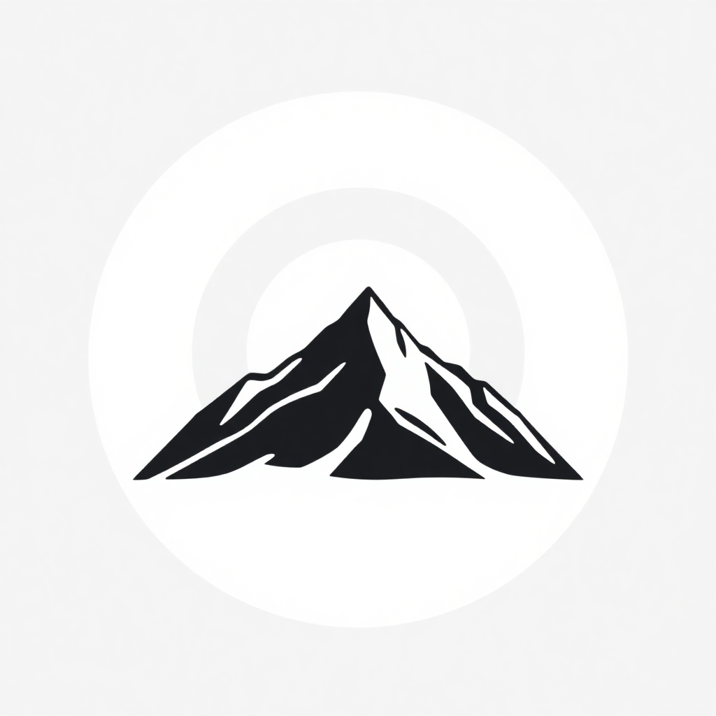 A single bold mountain outline with clean, sharp edges, featuring a minimalist rising sun in the background, centered in a circular frame, monochromatic vector style