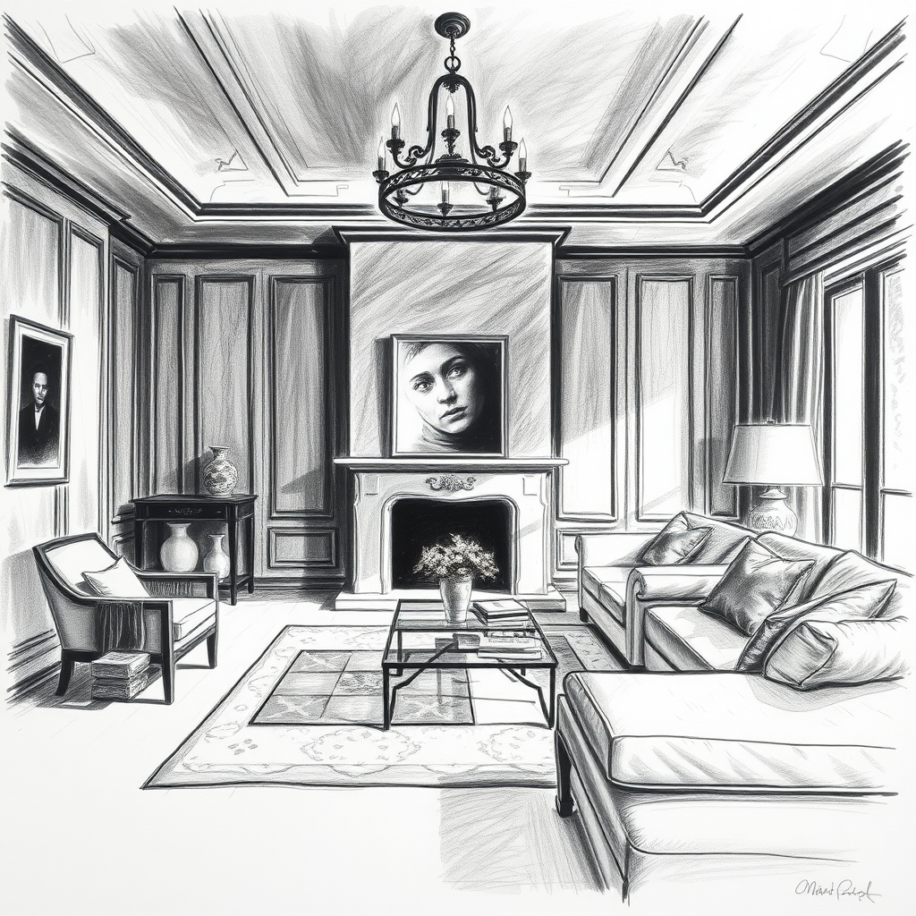 {a interior view of a living room},charcoal drawing style,dramatic contrast,expressive strokes,rich textures,dynamic composition,professional-grade finish,classic aesthetic