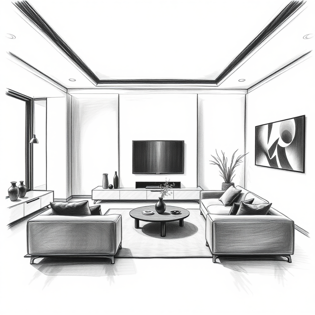 {a interior view of a conceptual futuristic and modern living room, minimalism},charcoal drawing style,dramatic contrast,expressive strokes,rich textures,dynamic composition,professional-grade finish,classic aesthetic