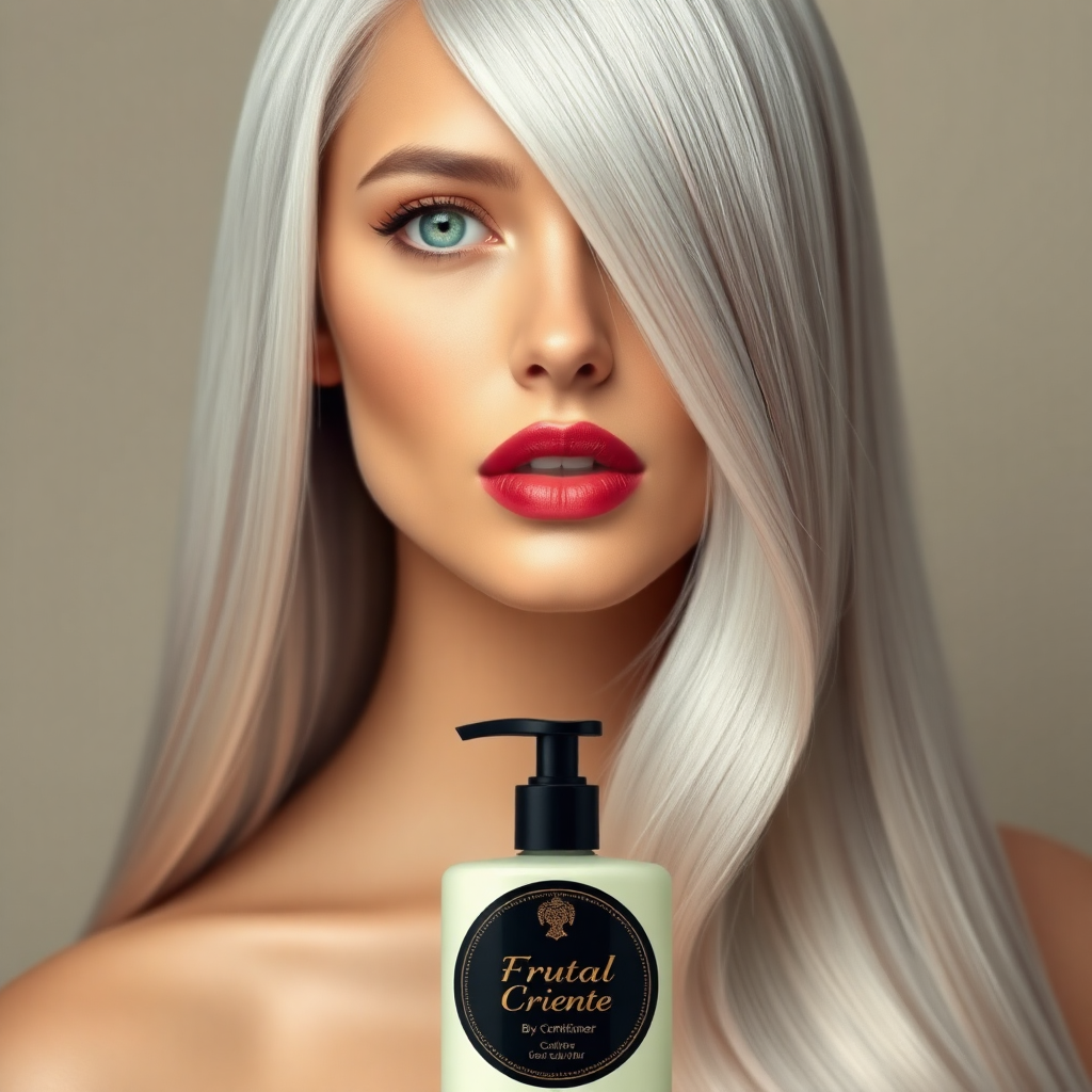 "Hyperrealistic portrait of a beautiful woman with long, silver hair that looks silky and soft. Her striking green eyes convey confidence and elegance, while her full, red lips add a touch of sophistication. The background is minimalist with neutral tones and soft lighting that enhances her radiant hair. At the bottom, a bottle of conditioner with a black round lid with gold details with the letters "Frutal Creciente By Natalia Bolivar" stands out as the main product. The composition is balanced, presenting an elegant and modern design that evokes luxury and exclusivity."