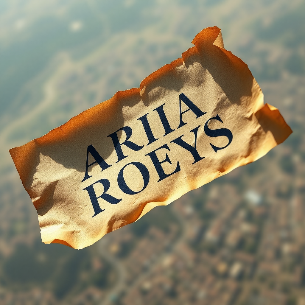 Raw photography 4D, extremely detailed, An oldest piece of paper sign elegant text labeled "ARIA ROEYS" flaying on the wind. Aerial flying view image. 