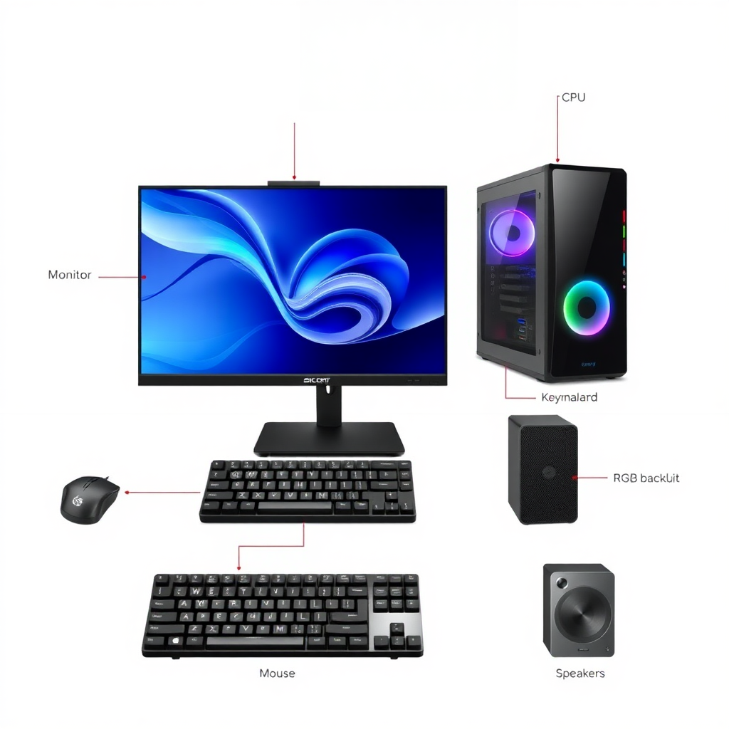 "Create a professional and detailed diagram of a modern desktop computer system. The diagram should include the following components: a sleek, ultra-thin 4K monitor labeled as 'Monitor,' a compact and advanced CPU tower labeled as 'CPU,' an ergonomic wireless mouse labeled as 'Mouse,' a mechanical RGB backlit keyboard labeled as 'Keyboard,' and minimalist speakers labeled as 'Speakers.' Each component should have clear labels with arrows pointing to them. The style should be clean and minimal, suitable for educational or presentation purposes, with a neutral background emphasizing the technology."