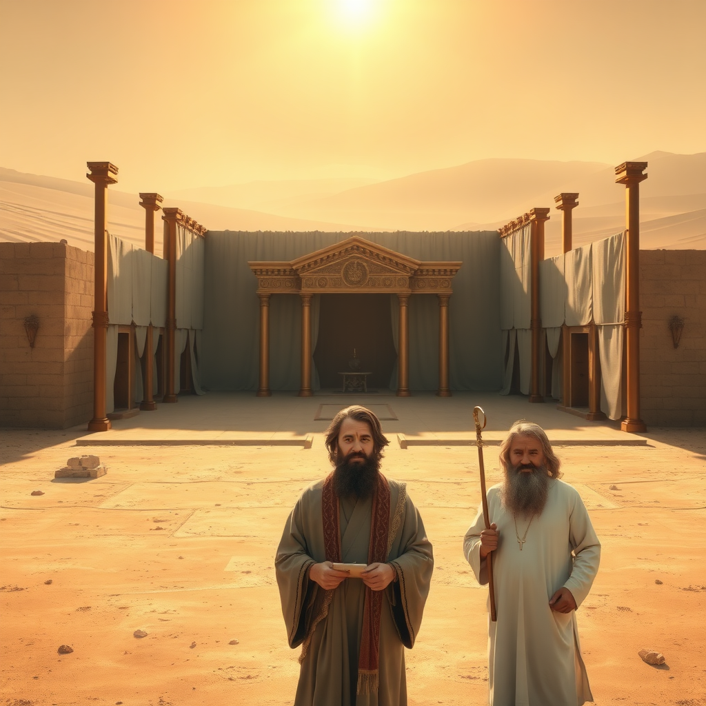 A highly realistic depiction of the sanctuary described in the Book of Exodus, set in a vast desert under a warm, golden sunlight. The sanctuary (Tabernacle) features a rectangular courtyard enclosed by fine linen curtains supported by bronze pillars, with a large, ornate entrance curtain. Inside the courtyard, include the bronze altar for burnt offerings and the laver for washing. The Tabernacle itself, located at the center, is a portable structure with rich coverings made of fine linen and animal skins, adorned with gold, silver, and bronze details. In the foreground, depict the biblical figures Daniel, Isaac, and Abraham standing reverently, facing directly toward the viewer with calm, serene, and slightly joyful expressions. Daniel holds a scroll, Isaac appears youthful and peaceful, and Abraham, with a flowing beard and staff, exudes wisdom and warmth. The background showcases the sanctuary and a barren, sandy desert landscape, creating a tranquil and spiritually uplifting scene.