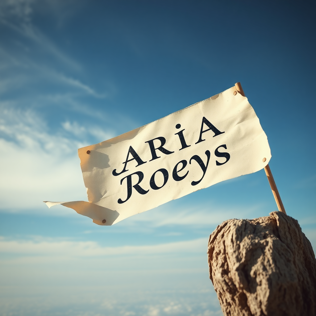 Raw photography 4D, extremely detailed, An oldest piece of paper sign elegant text labeled "ARIA ROEYS" flaying on the wind. Aerial sky high view image. 