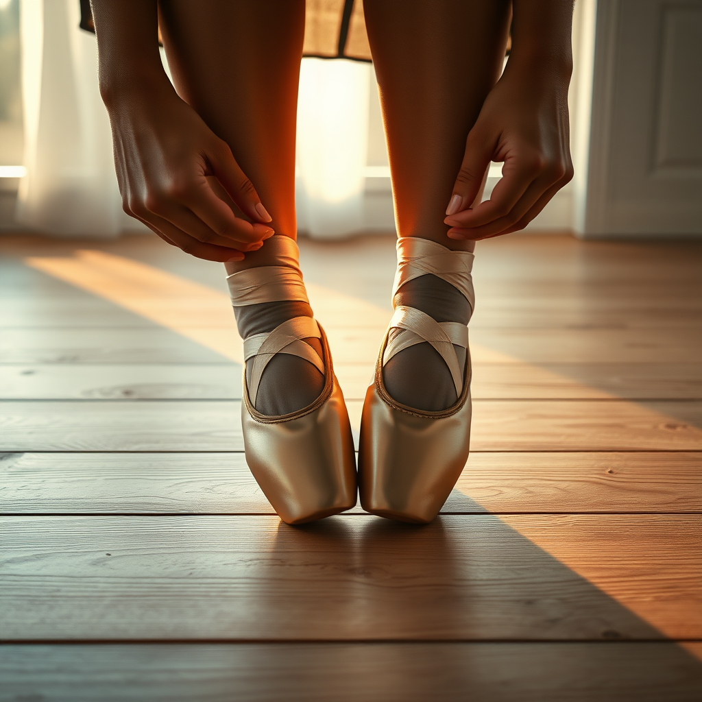 UHD, 4k, ultra detailed, cinematic, {a fashion photograph of a close-up lateral view of two hands, delicately tying ballet slippers, on a floor made of new beech wood planks, without joints, totally smooth, (twilight rays)}, epic, beautiful lighting, inspiring,