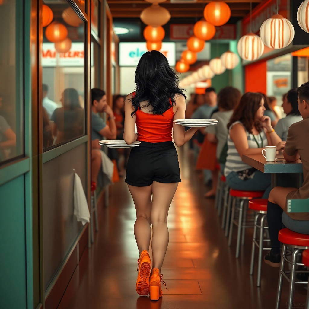 dark hair hooters waitress, loose hair, mini black short, orange sneakers, holding plates walking toward viewer