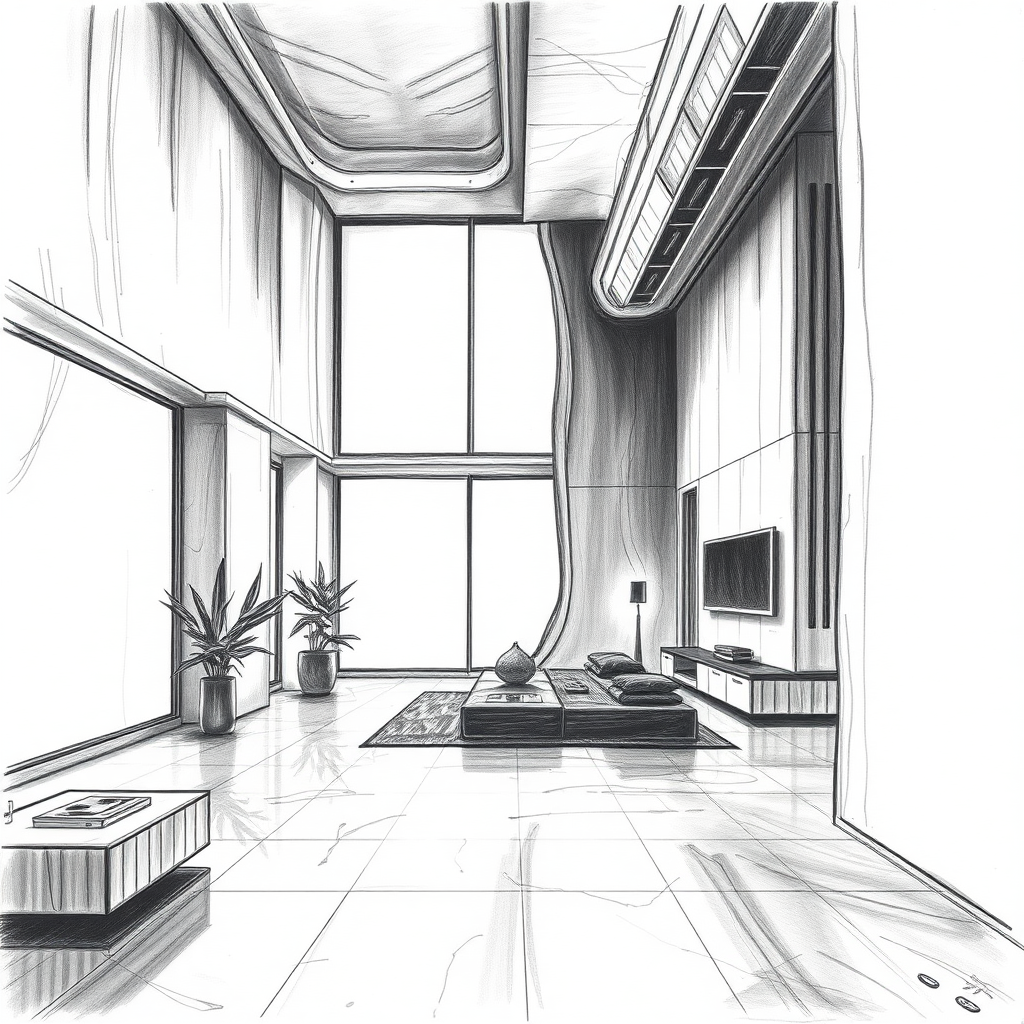 {a interior view of a conceptual, futuristic and modern interior, unifamiliar house, architectural space, minimalism},charcoal drawing style,dramatic contrast,expressive strokes,rich textures,dynamic composition,professional-grade finish, futuristic aesthetic