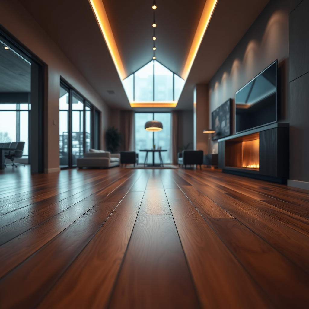 UHD, 4K, {close up of an elegant laminated wooden floor, modern, futuristic unifamiliar house}, dramatic lighting, high contrast, 35mm, lateral upper perspective view, professional, epic, highly detailed