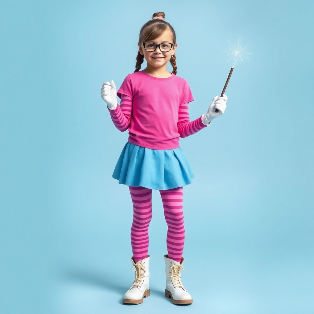 11 year old girl wearing pink and purple striped leggings with cyan t shirt cyan skirt glasses white gloves and white boots holding a magic wand 