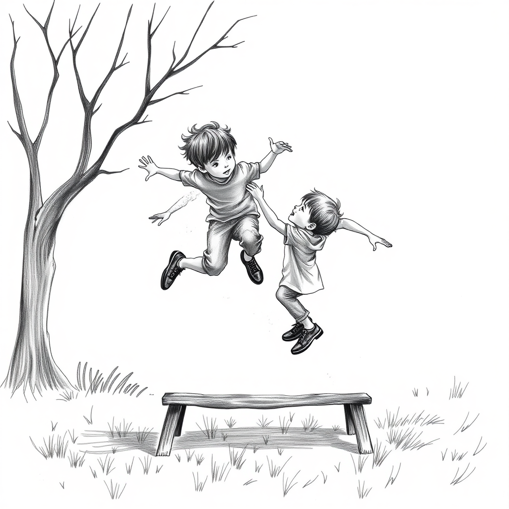 kid jumping over another kid (like leapfrog game), black and white draw