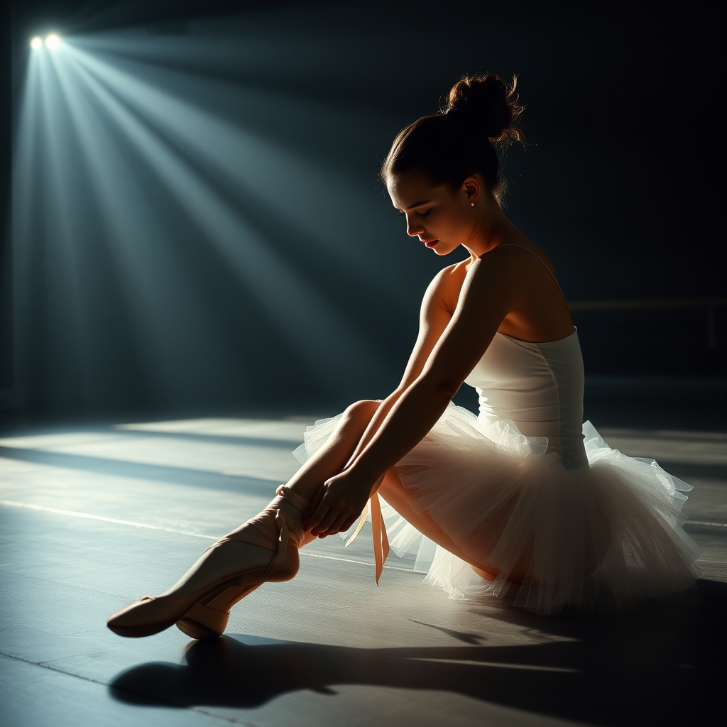 UHD, 4K, {classical ballet dancer, hair up, tutu, sitting on floor, (tying ballet shoes), large dark rehearsal room, beam of light coming through a lateral illuminates the shoe she is tying}, dramatic lighting, high contrast, 35mm, professional, epic, highly detailed