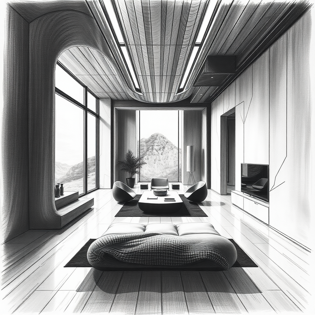 {a interior view of a conceptual, futuristic and modern interior unifamiliar house, architectural space, minimalism},charcoal drawing style,dramatic contrast,expressive strokes,rich textures,dynamic composition,professional-grade finish, futuristic aesthetic