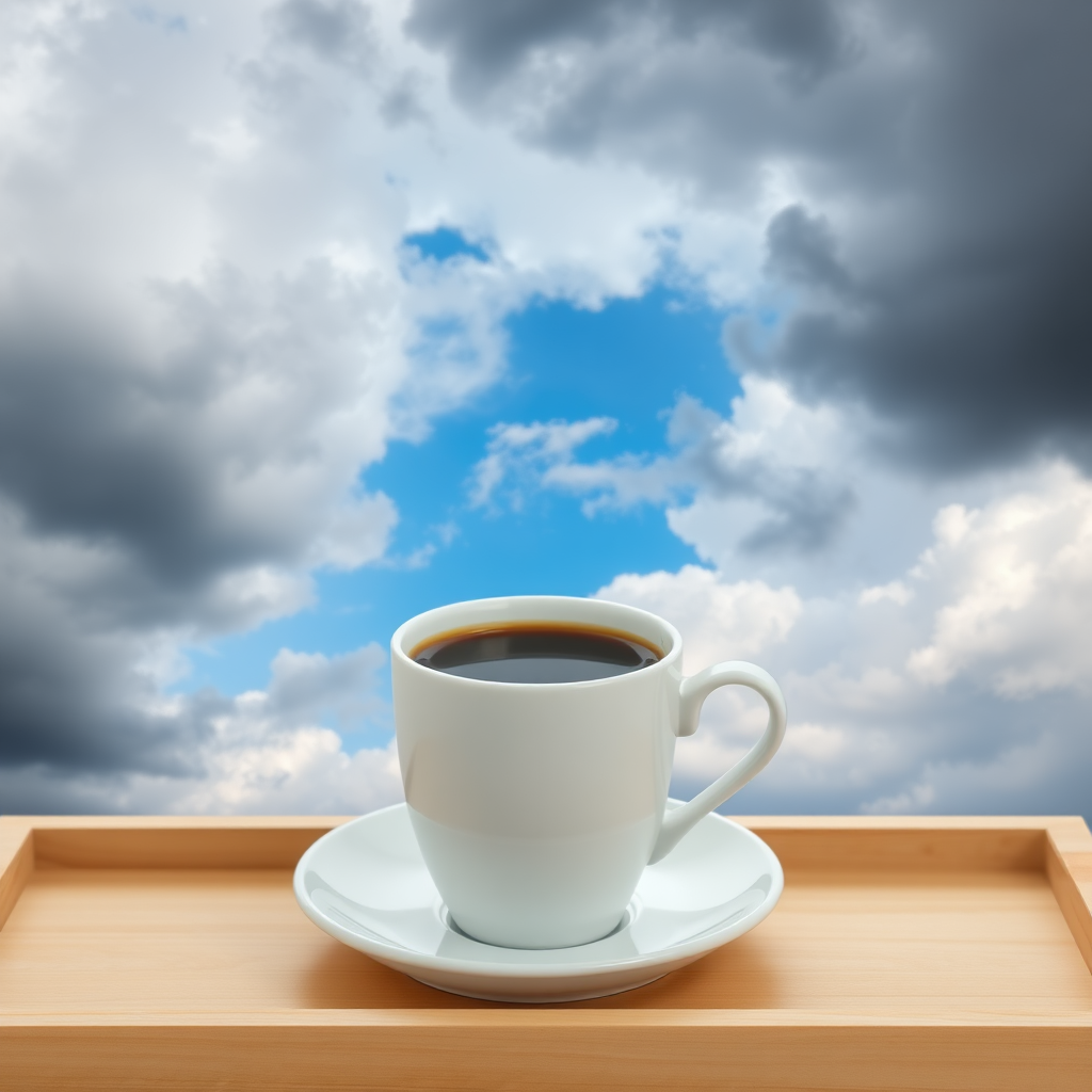 A white coffee cup filled with dark brown coffee sits on a light wooden tray, positioned in the mid-ground of the image.  The cup is centered and slightly angled towards the viewer. The saucer beneath the cup is also white.  The tray is a light, warm brownish-tan wood. A dramatic sky is artfully layered into the background. Dark, gray clouds dominate the top and bottom halves of the image.  A bright blue sky, with a few small, white clouds, is positioned between the dark clouds, creating a contrast emphasized by the location of the cup. The light source for the image appears to come from above and to the upper middle of the image, highlighting the coffee cup and tray. The perspective is slightly tilted down towards the subject in the image. The overall image style is an evocative depiction of a transition in weather.