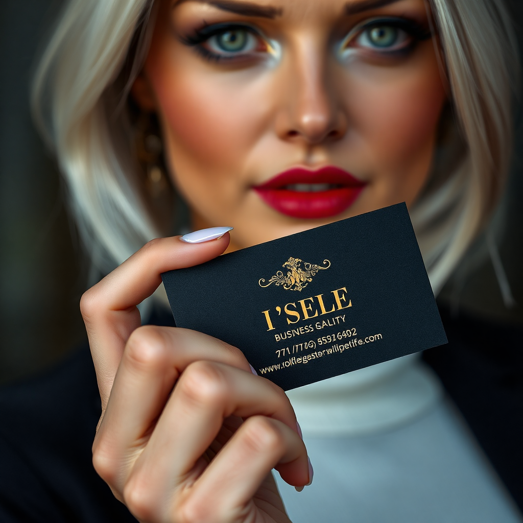 "A close-up shot of a woman’s elegantly manicured hand holding a luxurious black business card with embossed gold lettering, subtly showcasing her brand identity. The background reveals a partial view of her striking face with silver hair, green eyes, and full red lips, softly out of focus to maintain the card as the focal point. The atmosphere is refined, modern, and impactful, perfect for an entrepreneur looking to make a bold first impression."