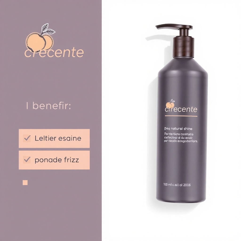 An advertisement for a hair conditioner, with a minimalist and elegant design.

The setting is a digital graphic poster or web banner.
The overall impression is clean and modern, with a light greyish white background.

The colour palette is subdued, with a dark greyish violet bottle with a text overlay and light brownish beige accents. There are also several pinkish beige boxes to highlight the text. The text is in Spanish.

The product emphasises the following benefits: maintaining natural shine, preventing frizz and preventing hair damage, while leaving hair soft and silky.

A stylised logo appears in the top left corner, with a light caramel yellow (or similar) fruit and sketched vines. The brand name "Creciente" is written below it.

The bottle is a central visual element and is presented to the right of the text information, which also appears in neatly arranged small boxes. Use a slightly impressionistic style to soften the edges and create a sense of depth, avoiding overly graphic or cartoonish depictions. Text should be clear and easy to read.