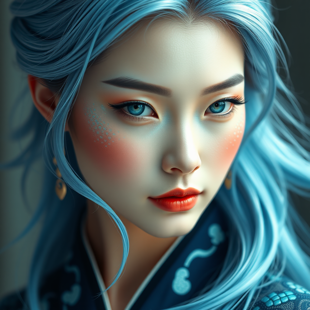 beautiful Asian woman with subtle snake features, iridescent blue scales on fair skin, emerald eyes with vertical pupils, flowing silver-blue hair, modern hanbok with snake patterns, soft lighting, detailed, masterpiece