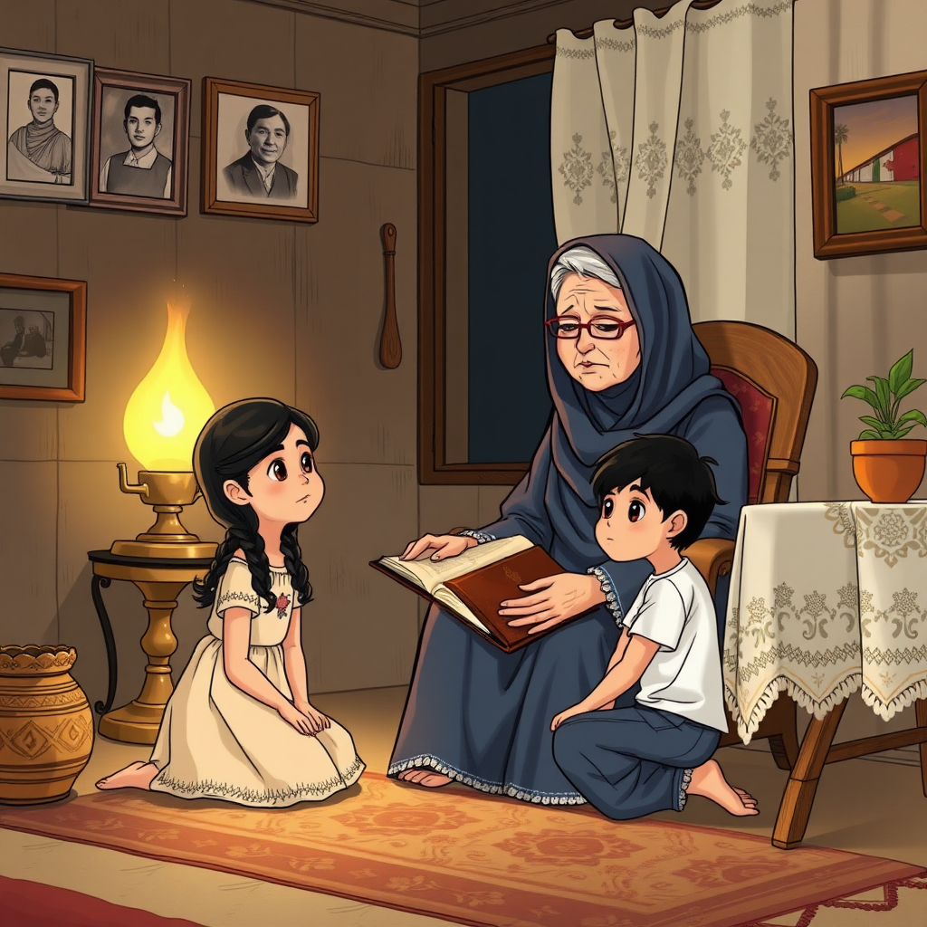 Well, I will correct the second scene, the first panel, while adhering to the description of the clothes that I mentioned. Here is the corrected description: Scene Two: Grandma's Tales Scene Title: "Memories from the Past" Number of panels: 5 Characters: CH-01 (Laila), CH-02 (Grandma Fatima), CH-03 (Karim) Time: At night, after sunset Al-Shams Location: The small living room in Grandma Fatima’s house General description of the scene: Grandmother Fatima tells Laila and Karim stories about the past and the history of Palestine Plate 1: Camera angle: Wide shot of the living room Characters: CH-01 (Laila): - Face: oval, features drawn attentively - Eyes: wide brown, shining with curiosity - Hair: long black, braided in braids that hang on her shoulders - Body: sitting on the floor, back straight, hands in her lap - Clothes: simple dress In light colors with Palestinian embroideries CH-02 (Grandmother Fatima): - Face: Round, calm and wise features, deep wrinkles around the eyes and mouth - Eyes: dark brown, deep and distant gaze, surrounded by dark circles - Hair: gray, covered with a black veil with delicate patterns on the edges - Body: sitting on an old wooden chair, her back straight, her hands holding an old book - Clothing: a dark blue traditional Palestinian dress CH-03 (cream): - Face: round, enthusiastic features, slightly flushed cheeks - Eyes: brown, sparkling with interest, wide and fully open - Hair: Short black, slightly curly, parted at the sides - Body: Sitting on the floor next to Laila, slightly bent forward - Clothes: White short-sleeved shirt and blue jeans Time: Early night, the light of an old oil lamp illuminating the room in a warm golden color Location: A small living room full of memories and heritage details. Events: Grandma Fatima begins to tell her story. Laila and Karim listen with keen attention. Movement: A simple movement of the grandmother’s hand as she opens the old book. Laila and Karim lean slightly toward Foreground Interaction with the environment: Laila and Karim sitting on a traditional Palestinian patterned rug on the floor Fine details: - Old family photos in wooden frames hang on the walls - An old brass oil lamp illuminating the room with a warm, wavering light - An old book with worn leather on Grandma's lap - An embroidered tablecloth covering the table The little girl is next to the grandmother. Use of similes: The grandmother’s words flow like a sweet river of memories, and the children thirstily drink from it. Pictorial style: A mixture of realism and manga cartoon style, with an emphasis on Details in the background and faces Emotions and tension: anticipation and keen interest on the faces of the children, wisdom and hidden sadness with a hint of hope on the face of the grandmother Places and environment: - Colors: warm colors, brown and gold, reflecting lamplight - Shapes: old wooden furniture, hanging pictures in irregular shapes Regular, curtains embroidered with geometric patterns - Sounds: Grandma's calm and warm voice, the faint crackle of a lamp, the faint murmur of children Symbols: - The old book in Grandma's lap symbolizes history and memory Collective - Pictures on the walls symbolize family ties and a shared past Messages: The importance of transmitting history and heritage across generations, the power of memory in preserving identity Dialogue: Grandma Fatima: “My beloved, as I told you, those trees are not just trees. It's part of our identity, part of our history. And now I will tell you the story of our ancestors.” Thought Balloons: None in this painting Effects: - A warm halo around the lamp spreads through the room, creating moving shadows on the faces - Light lines indicating the movement of Grandma’s hand while opening the book - Small musical notes surrounding Grandma’s mouth indicating to the tender tone of her voice Drawing style: manga/manhwa with touches of traditional Arabic art in the details of decoration and clothing Quality: high Size and dimensions: full page, 18 x 25 cm