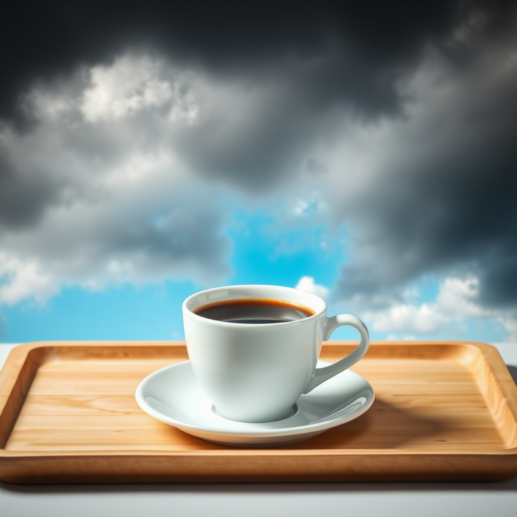 A white coffee cup filled with dark brown coffee sits on a light wooden tray, positioned in the mid-ground of the image.  The cup is centered and slightly angled towards the viewer. The saucer beneath the cup is also white.  The tray is a light, warm brownish-tan wood. A dramatic sky is artfully layered into the background. Dark, gray clouds dominate the top and bottom halves of the image.  A bright blue sky, with a few small, white clouds, is positioned between the dark clouds, creating a contrast emphasized by the location of the cup. The light source for the image appears to come from above and to the upper middle of the image, highlighting the coffee cup and tray. The perspective is slightly tilted down towards the subject in the image. The overall image style is an evocative depiction of a transition in weather.