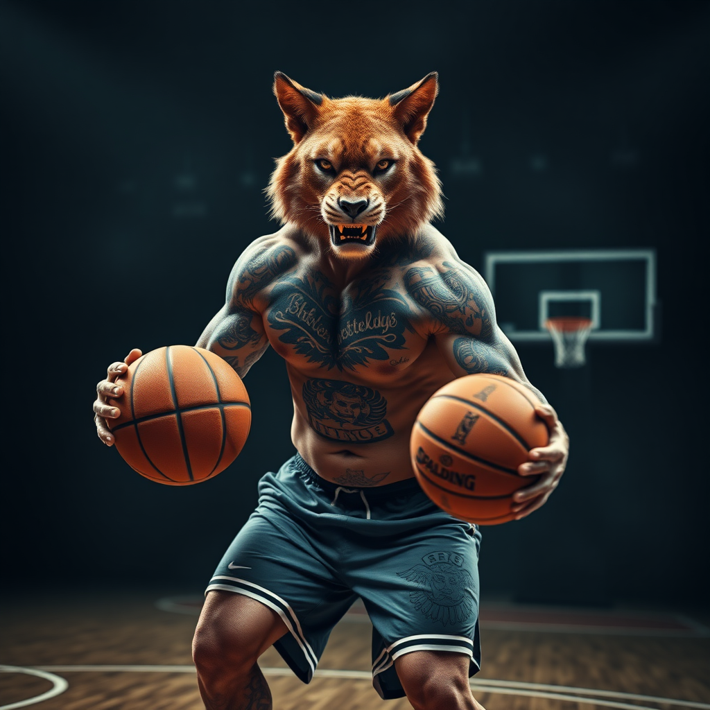 : Create a hyper-realistic, cinematic image of a [Animal Name] with the physique of a strong, muscular human, playing basketball. The [Animal Name] should have its natural head and features but with a powerful, human-like body covered in tattoos, wearing basketball shorts and holding a basketball with a fierce and intense expression. Set the scene on a basketball court with a dark, intense atmosphere, adding dramatic lighting that highlights the animal's muscular build and intimidating presence