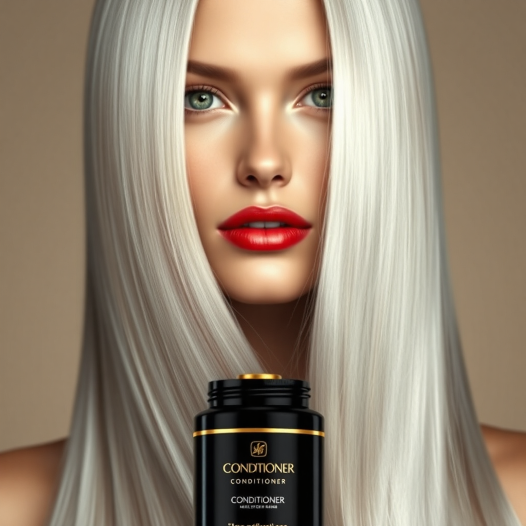 "Hyperrealistic portrait of a beautiful woman with long, silver, shiny hair, reflecting softness and silkiness. Her piercing green eyes convey confidence and elegance, while her full red lips add a touch of sophistication. The background is minimalist with neutral tones and soft lighting that highlights her radiant hair. At the bottom, a tall, black conditioner bottle with gold details and a screw-on cap on top of the jar's mouth, standing out as the star product. The composition is balanced, with an elegant and modern design that evokes luxury and exclusivity."