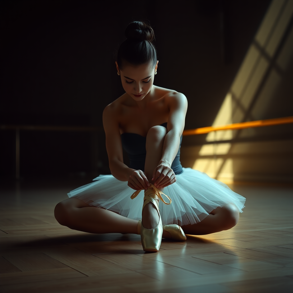 UHD, 4K, {classical ballet dancer, hair up, tutu, sitting on floor, floor made of a clear planks of wood (tying ballet shoes:1.2), large dark rehearsal room, beam of light coming through a lateral illuminates the shoe she is tying}, natural skin, dramatic lighting, high contrast, 35mm, professional, epic, highly detailed