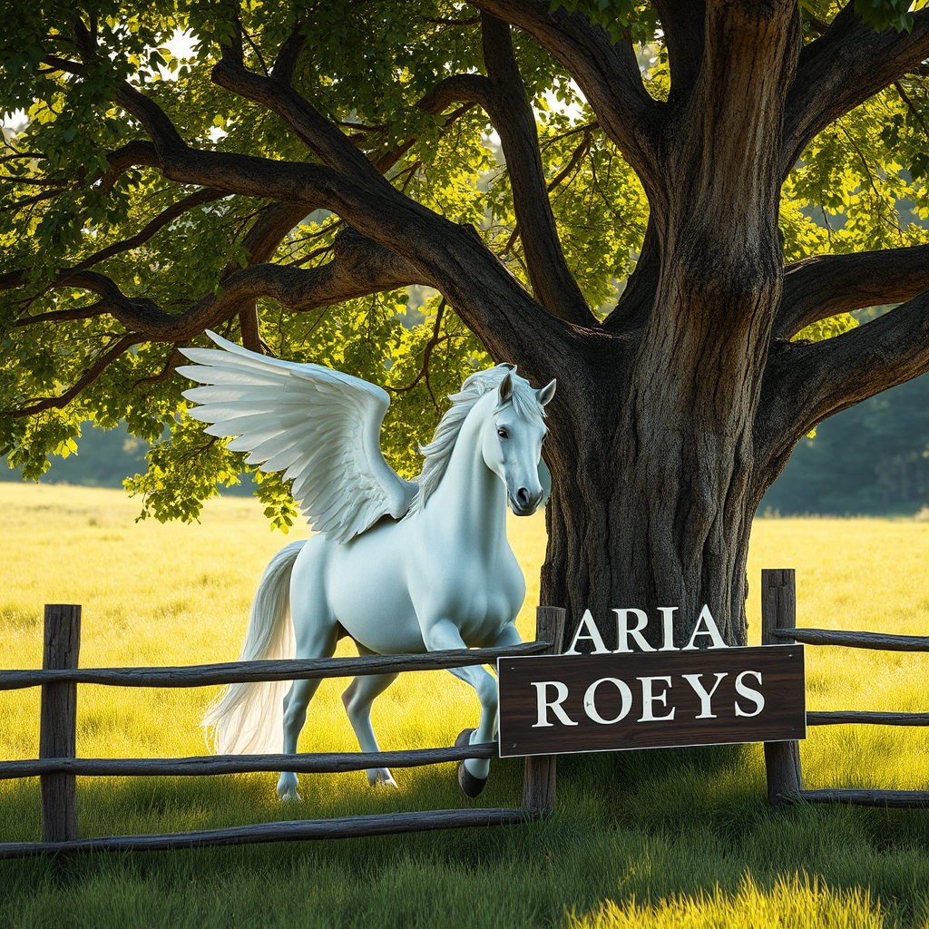 Raw photography 4D, extremely detailed and realistic athmosphere of serene fantasy scene featuring a majestic white winged horse (Pegasus) beside a sturdy, textured orange tree with lush green leaves. The setting is a picturesque meadow bathed in soft, natural light, showcasing the vibrant greens of grass underfoot. A rustic wooden fence encircles the horse, enhancing the pastoral vibe. The overall aesthetic leans towards hyperrealism, capturing intricate details like the horse’s flowing mane, the bark of the tree, and the play of light through the leaves. The color palette is rich with earthy browns, bright greens, and the ethereal white of the horse, evoking a sense of tranquility and wonder. There is an elegant sign text "ARIA ROEYS" at wood. Look realistic and cinematic. 