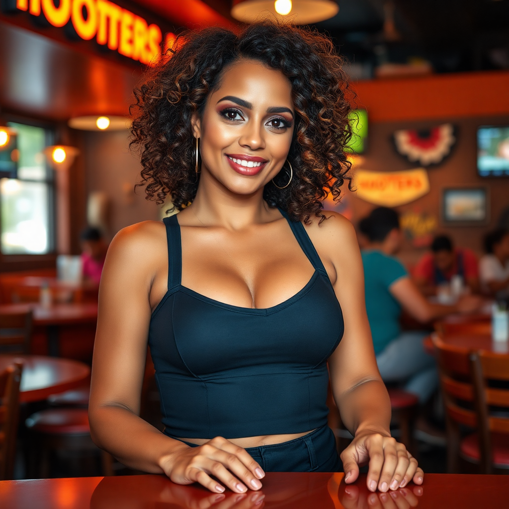 Mixed race curly hair hooters waitress, mid 30s beauty,  in hooters restaurant,  places her hands on the table wearing  mini black short