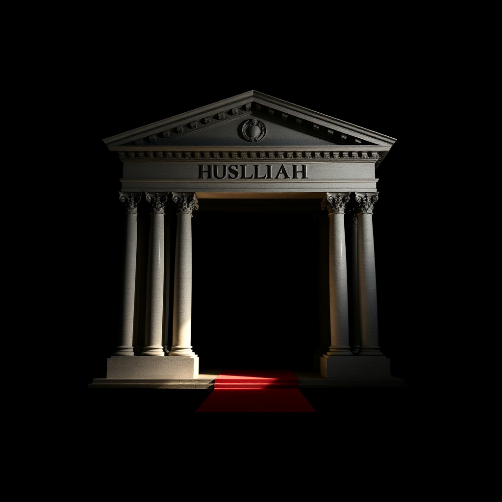 UHD, 4K, {large stately portico, stone, neoclassical style, (isolated in a large black empty space1:2), beam of light coming through a lateral illuminates the large stately portico, red carpet}, dramatic lighting, high contrast, 35mm, lateral upper perspective view, professional, epic, highly detailed