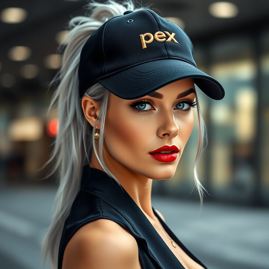 "A modern and stylish promotional portrait showing a confident woman with silver hair pulled back in a high ponytail, mesmerizing green eyes and full red lips, wearing a stylish black cap with a gold 3D embroidered “Apex Nova” logo. The cap fits her perfectly and enhances her elegant and sophisticated look. The background is a blurred urban environment suggesting a lifestyle of success, movement and ambition. The image has a high-fashion yet accessible feel, emphasizing the brand's exclusivity and personal empowerment."