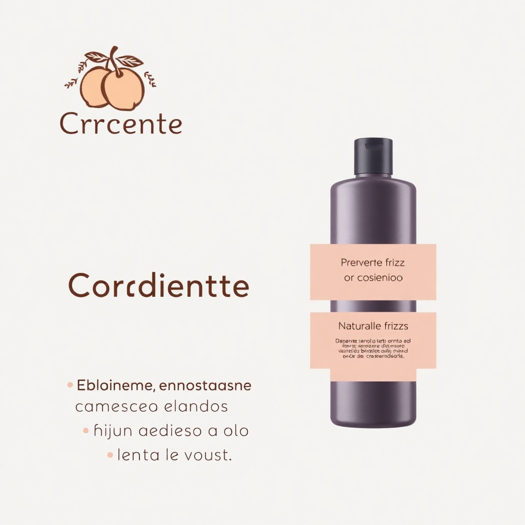 An advertisement for a hair conditioner, with a minimalist and elegant design.

The setting is a digital graphic poster or web banner.
The overall impression is clean and modern, with a light greyish white background.

The colour palette is subdued, with a dark greyish violet bottle with a text overlay and light brownish beige accents. There are also several pinkish beige boxes to highlight the text. The text is in Spanish.

The product emphasises the following benefits: maintaining natural shine, preventing frizz and preventing hair damage, while leaving hair soft and silky.

A stylised logo appears in the top left corner, with a light caramel yellow (or similar) fruit and sketched vines. The brand name "Creciente" is written below it.

The bottle is a central visual element and is presented to the right of the text information, which also appears in neatly arranged small boxes. Use a slightly impressionistic style to soften the edges and create a sense of depth, avoiding overly graphic or cartoonish depictions. Text should be clear and easy to read.