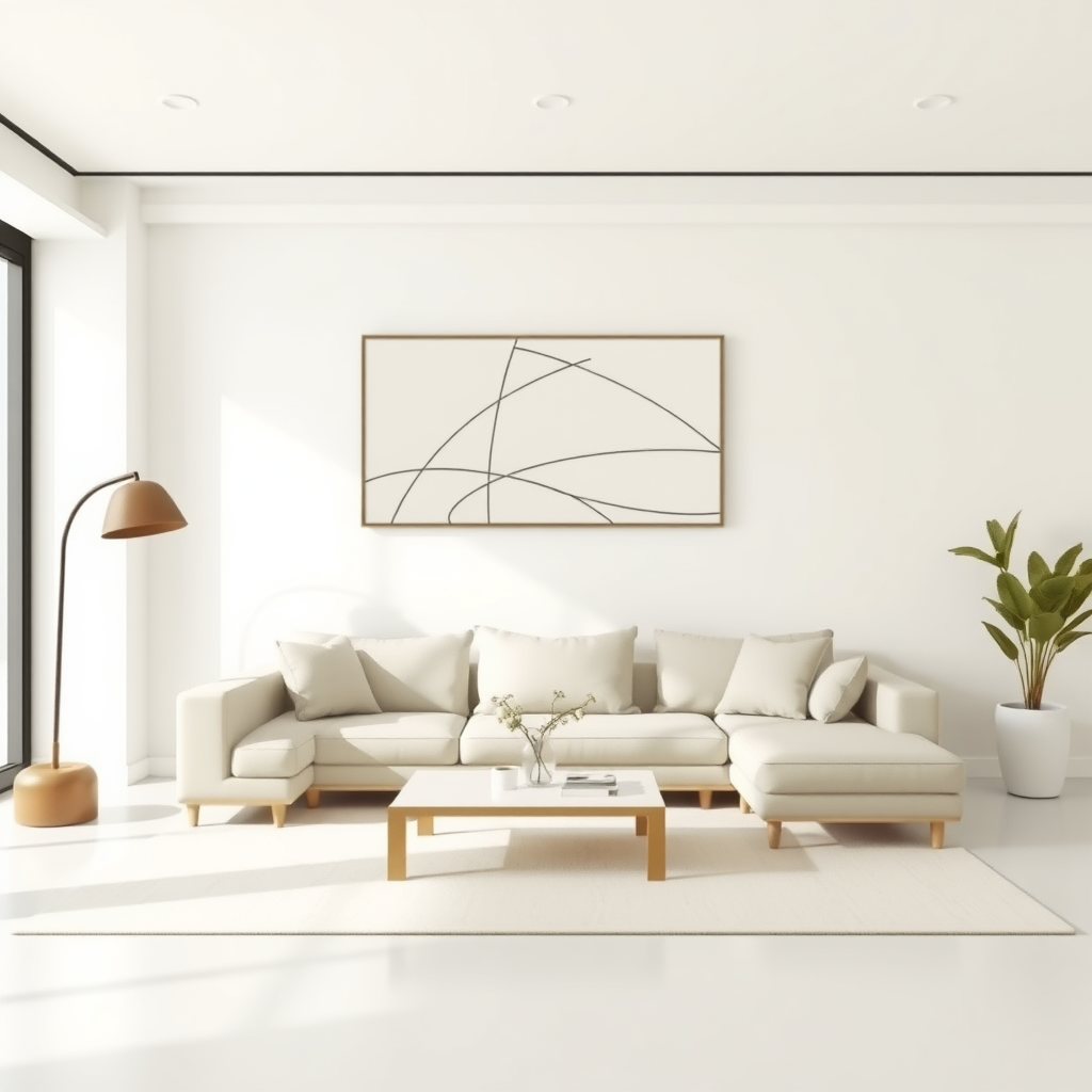 Abstract line style art of a geometrical living room, (Picasso) imaginative, minimalism, natural and neutral light colors 