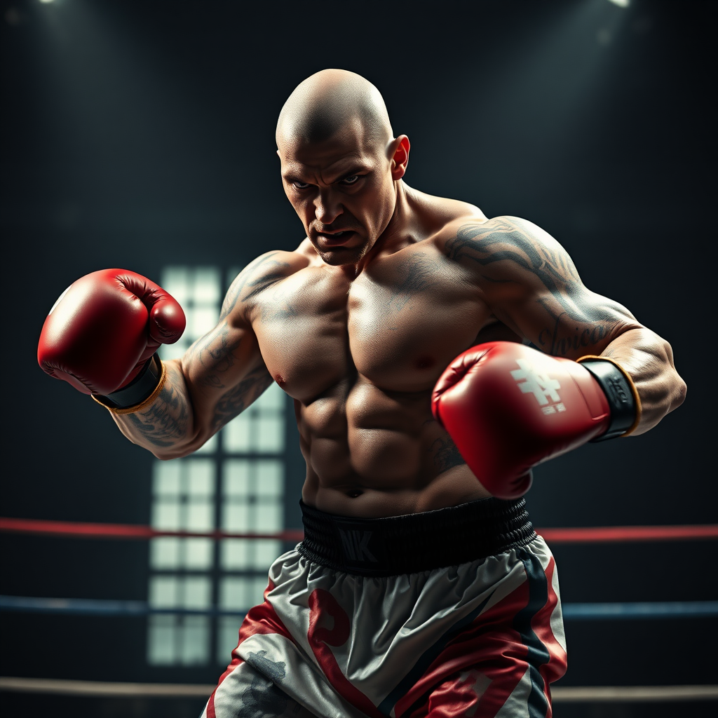 : Create a hyper-realistic, cinematic image of a [boxer man] with the physique of a strong, muscular human, boxing. The [man] should have its natural head and features but with a powerful, human-like body covered in tattoos, natural skin appearance, wearing boxing shorts and only two globes, with a fierce and intense expression. Set the scene on a boxing court with a dark, intense atmosphere, adding dramatic and natural lighting that highlights the man's muscular build and intimidating presence