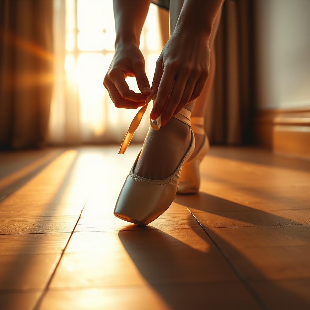 UHD, 4k, ultra detailed, cinematic, {a fashion photograph of a close-up view of two hands delicately tying ballet slippers, on a floor made of new beech wood planks, without joints, (twilight rays)}, epic, beautiful lighting, inspiring,