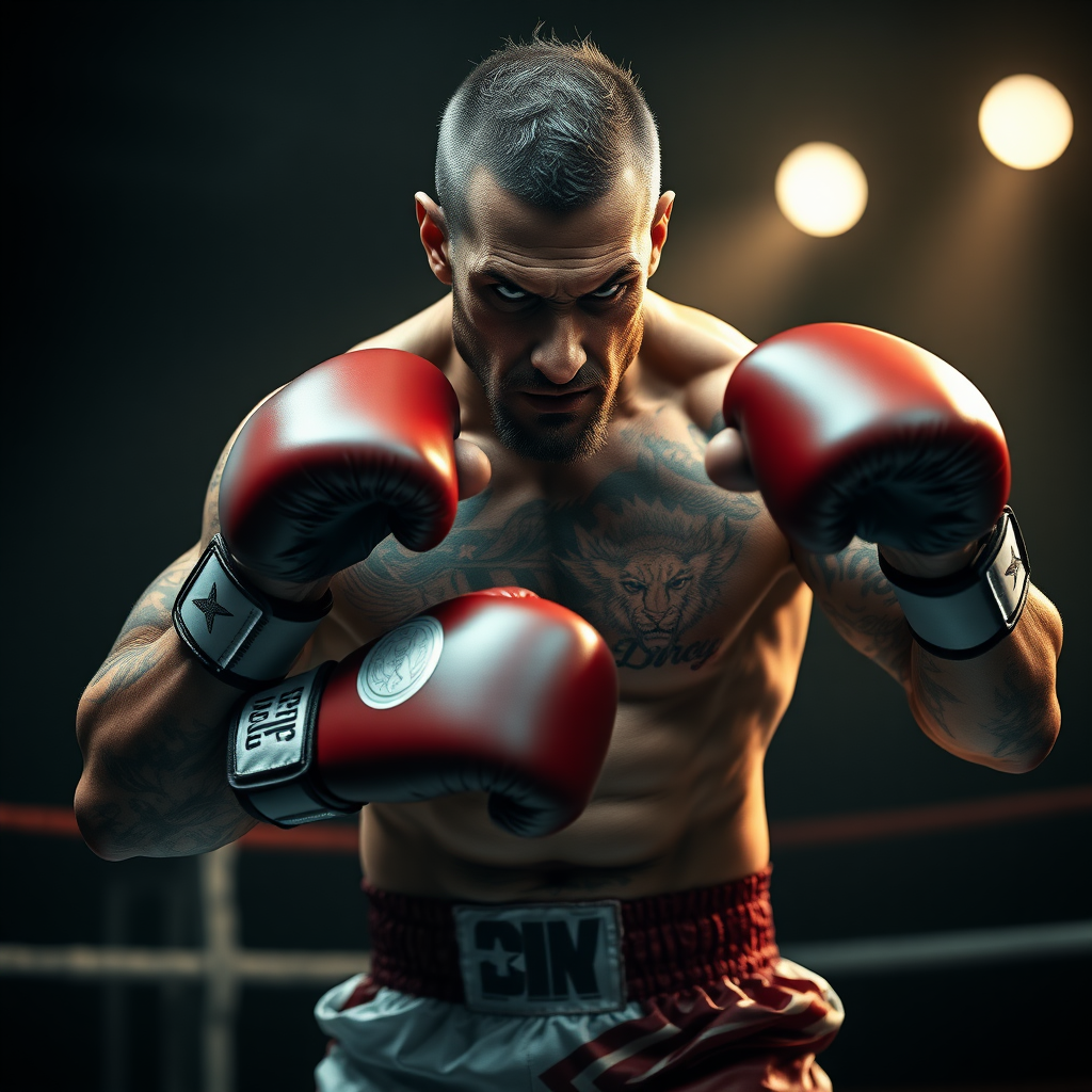 : Create a hyper-realistic, cinematic image of a [boxer man] with the physique of a strong, muscular human, boxing. The [man] should have its natural head and features but with a powerful, human-like body covered in tattoos, natural skin appearance, wearing boxing shorts and globes, with a fierce and intense expression. Set the scene on a boxing court with a dark, intense atmosphere, adding dramatic and natural lighting that highlights the man's muscular build and intimidating presence