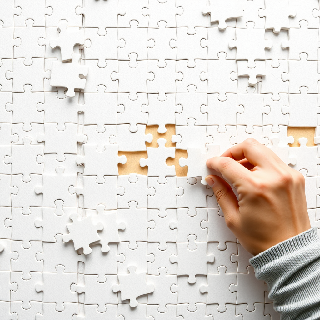 assembling a puzzle of white pieces