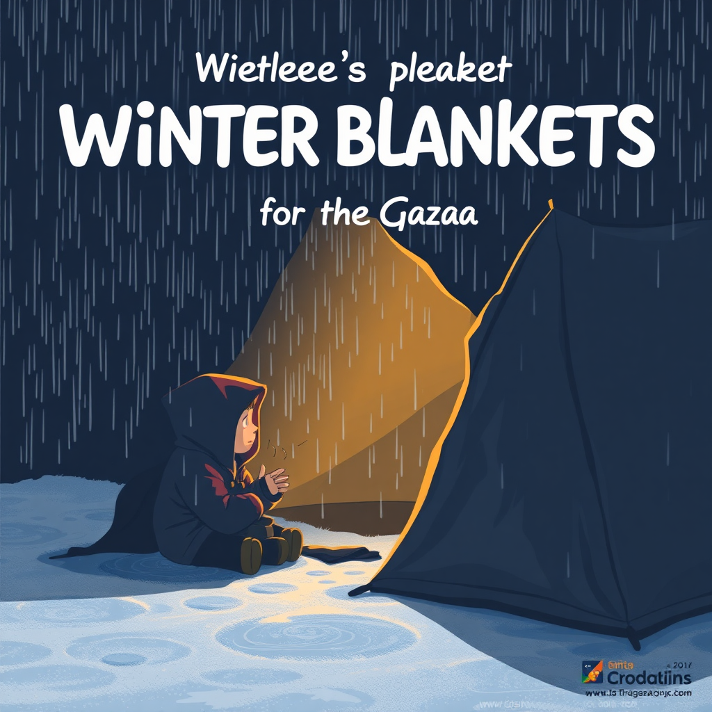 A design for a donation campaign for winter blankets for Gaza in which a child feels cold sitting at the door of the tent and rain and darkness surround him. The background must be dark and the scene of the child and the tent is on the side of the design. The image must be realistic.