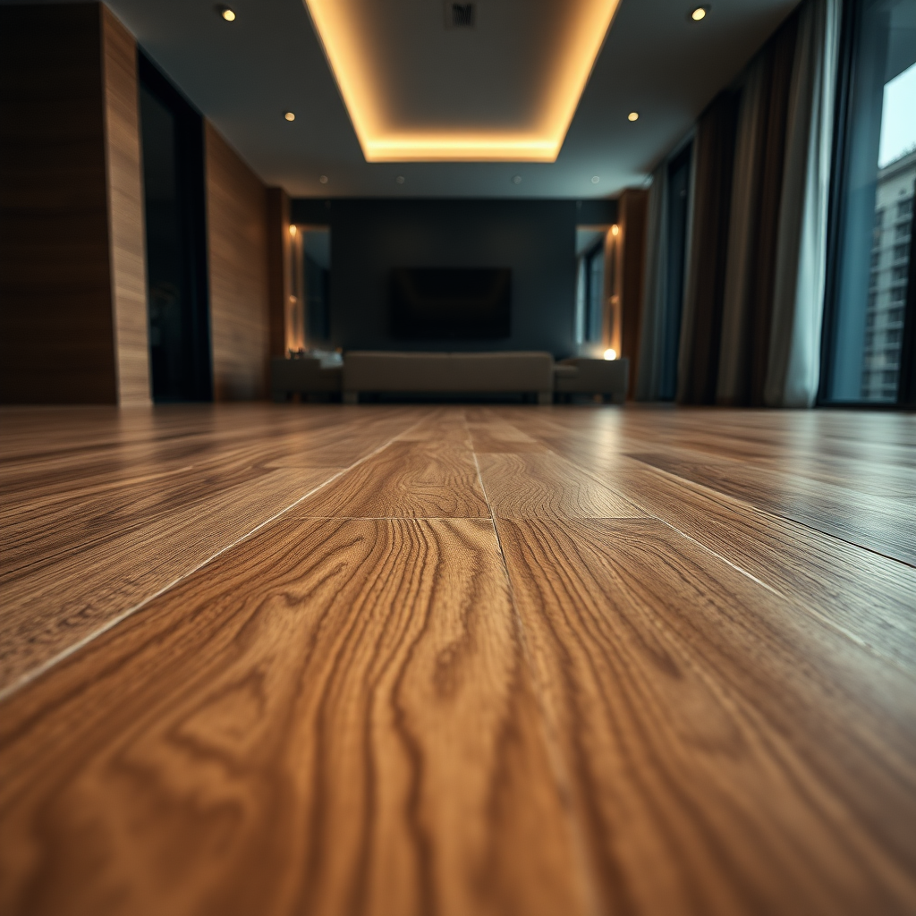 UHD, 4K, {close up of an elegant laminated wooden floor, without joints, natural texture, modern, futuristic and minimalist unifamiliar house}, dramatic lighting, high contrast, 35mm, lateral upper perspective view, professional, epic, highly detailed