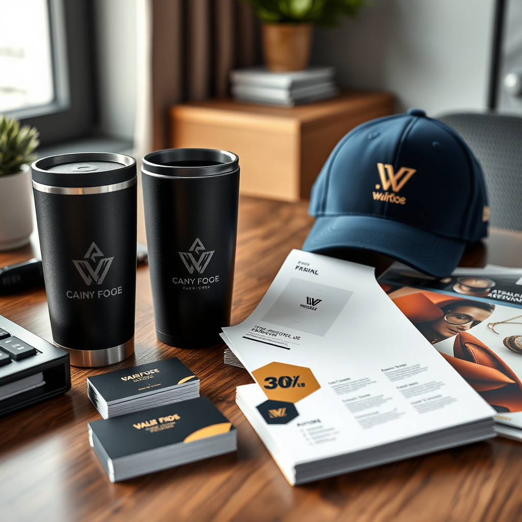 "A visually stunning branding showcase displaying a cohesive personal brand across various promotional and lifestyle products. The setting features a stylish, modern workspace with a sleek, professional aesthetic. The scene includes high-quality branded merchandise: a matte black tumbler with an elegant embossed logo, a ceramic coffee mug with a minimalist yet eye-catching design, and a premium baseball cap featuring a 3D embroidered brand emblem. Additionally, a high-performance women's sportswear set (leggings and a fitted top) showcases the brand subtly but effectively, using premium fabric textures and a sophisticated color scheme. Nearby, a stack of professionally designed business cards with luxurious finishes (gold foil, embossed elements) sits beside a high-end flyer with a bold yet elegant design. The composition is dynamic and engaging, featuring natural lighting, premium textures, and a color palette of deep navy, gold accents, and matte neutrals. The atmosphere conveys exclusivity, creativity, and professionalism, making it perfect for entrepreneurs aiming to elevate their personal brand through high-impact visual marketing. The final image should have ultra-sharp details, photorealistic textures, and a cinematic composition, evoking a sense of prestige and innovation."