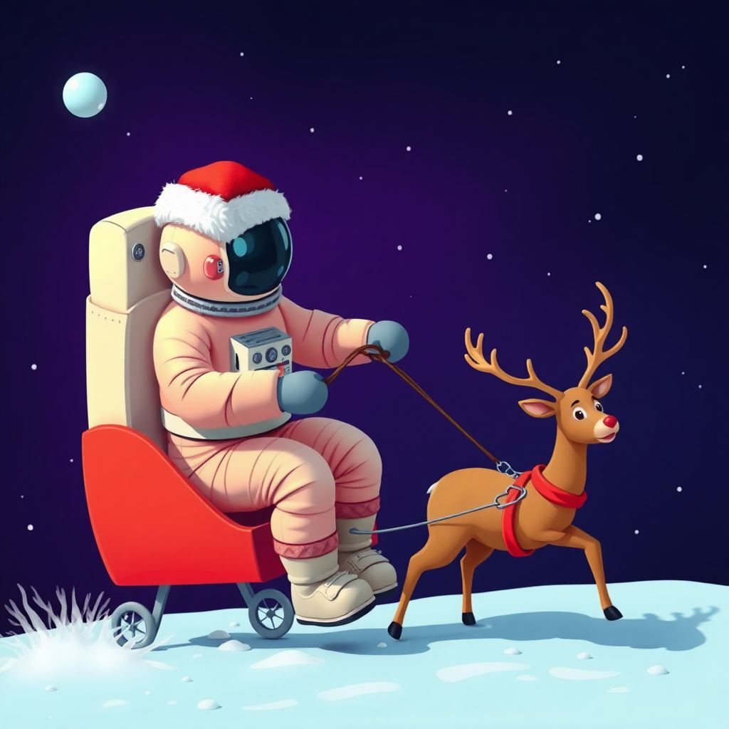 Astronaut wearing a Santa Claus hat pulling a deer car