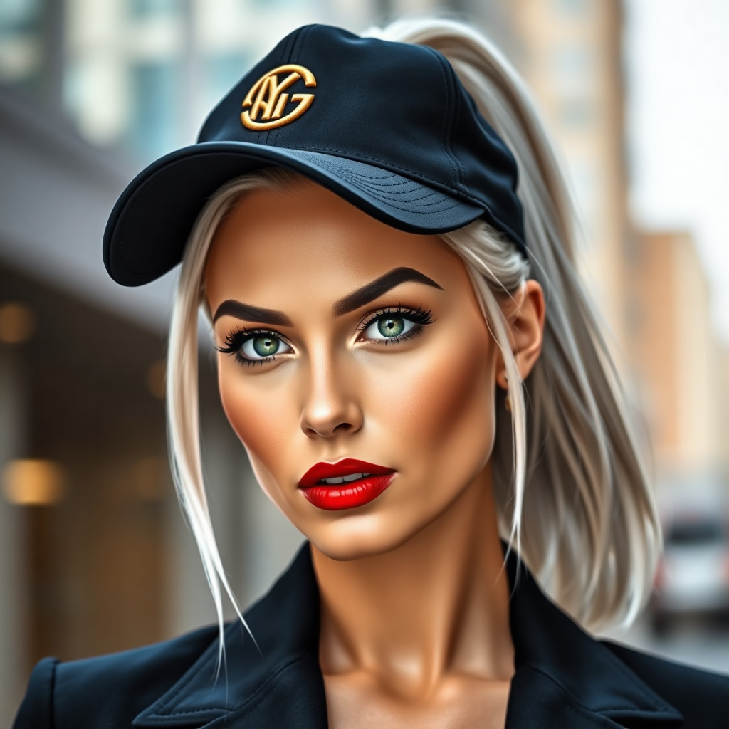 "A modern and stylish promotional portrait featuring a confident woman with silver hair in a high ponytail, mesmerizing green eyes, and full red lips wearing a sleek black cap with a 3D embroidered logo in gold. The cap fits perfectly, enhancing her sharp and sophisticated look. The background is a blurred urban setting, suggesting a lifestyle of success, movement, and ambition. The image has a high-fashion yet approachable feel, emphasizing brand exclusivity and personal empowerment."