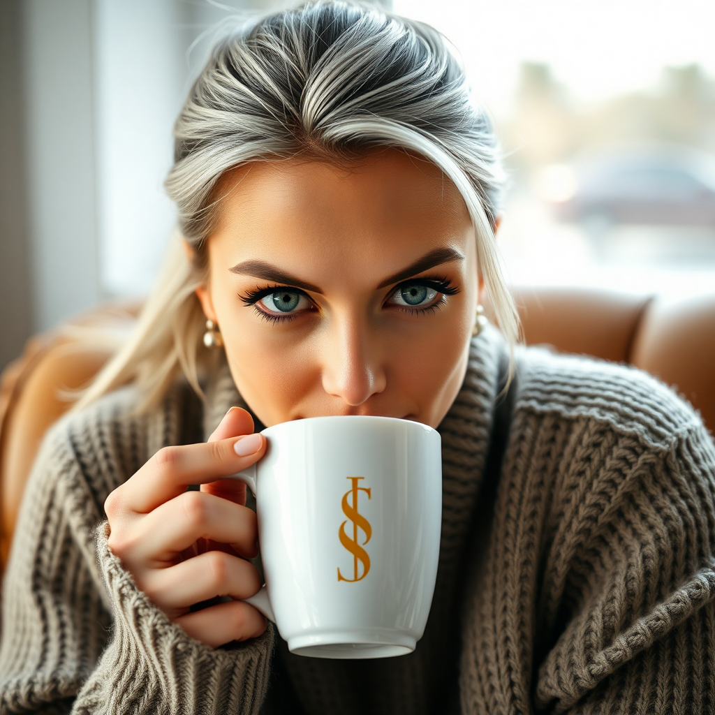 "A beautiful, cinematic close-up of a woman with striking silver hair tied back, deep green eyes, and bold red lips sipping from a stylish white ceramic coffee mug with a sleek logo design. The branding is subtly incorporated with a gold and black color scheme. She wears a cozy yet elegant sweater, sitting by a window with soft natural light, creating a warm and inviting atmosphere. The focus is on the mug and her captivating gaze, making the scene feel aspirational and sophisticated."