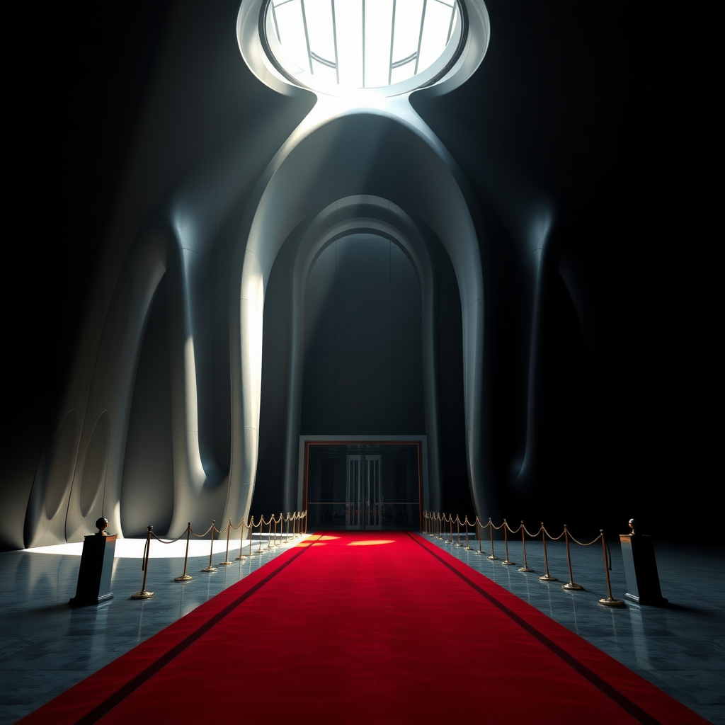 UHD, 4K, {large majestic entrance to a modern, organic (futuristic building Zaha Hadid style:1.5), large windows to the floor, (isolated in a large black empty space1:2), beam of light coming through a lateral illuminates the large stately portico, Red carpet flanked with golden cord and pedestals}, dramatic lighting, high contrast, 35mm, lateral upper perspective view, professional, epic, highly detailed