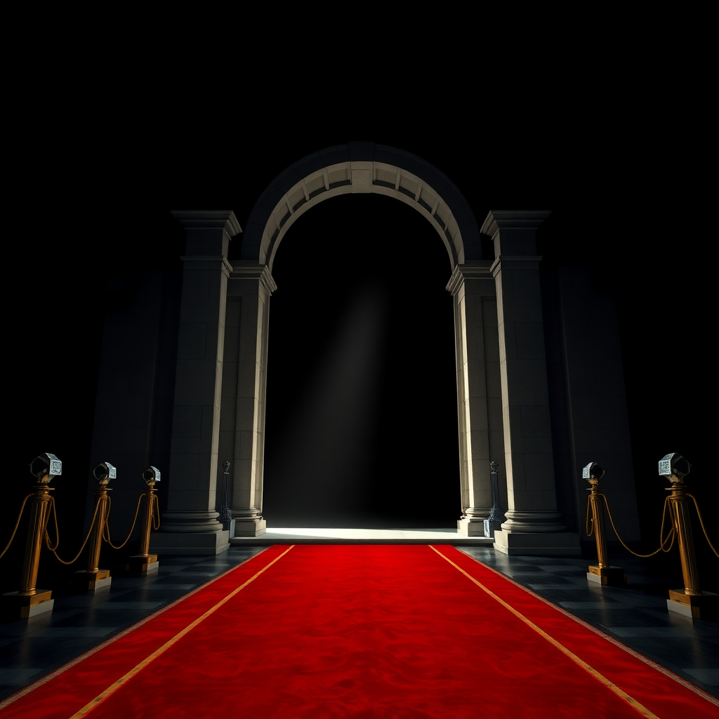 UHD, 4K, {large majestic portico with arch, stone, minimalist moder style, (isolated in a large black empty space1:2), beam of light coming through a lateral illuminates the large stately portico, Red carpet flanked with golden cord and pedestals}, dramatic lighting, high contrast, 35mm, lateral upper perspective view, professional, epic, highly detailed